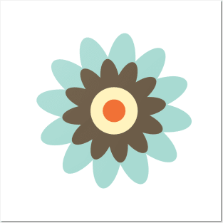 Retro Flower in Light Blue, Brown, Orange and Cream Posters and Art